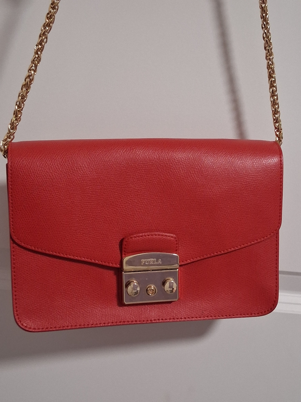 Furla Red Leather Crossbody Bag with Gold Chain